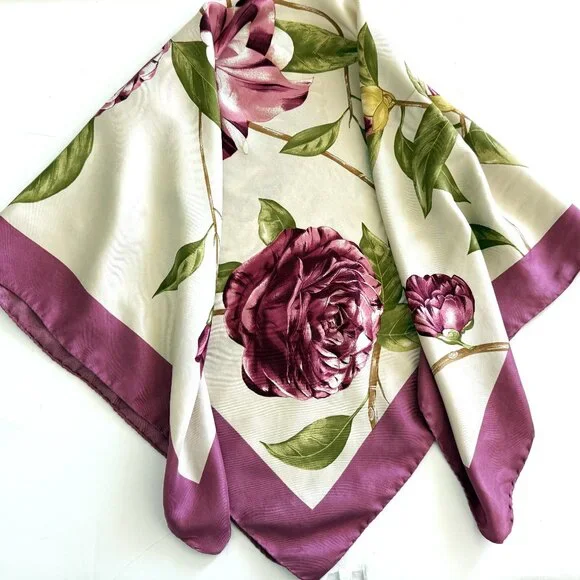 Square Scarf Women's Silk Satin Floral Hand-stitched 33" - Picture 9 of 10